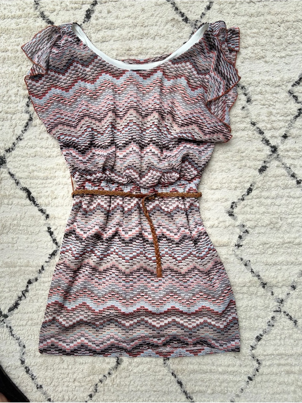 Jodi Kristopher Pink Multi Chevron Knit Mini Dress with Braided Belt